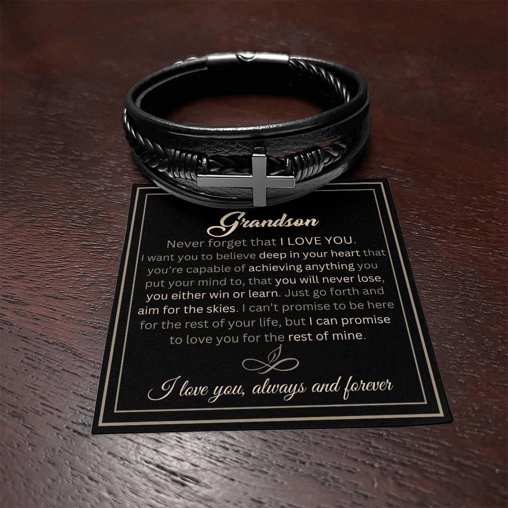 To My Grandson- Aim for the Skies- Cross Leather Bracelet