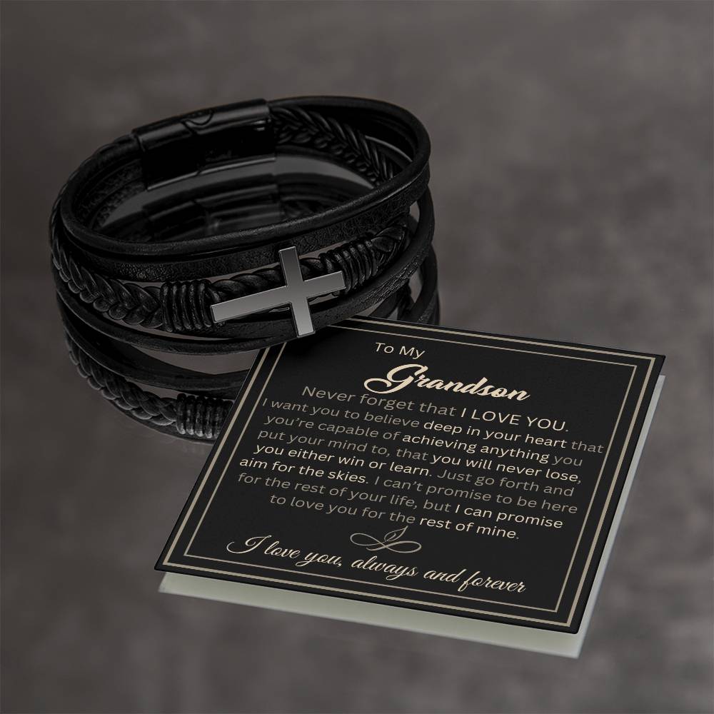 To My Grandson- Aim for the Skies- Cross Leather Bracelet