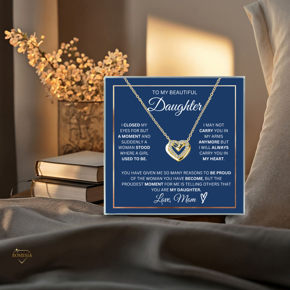 To My Daughter- Double Hearts Pendent w/Austrian Crystals-Proudest Moment