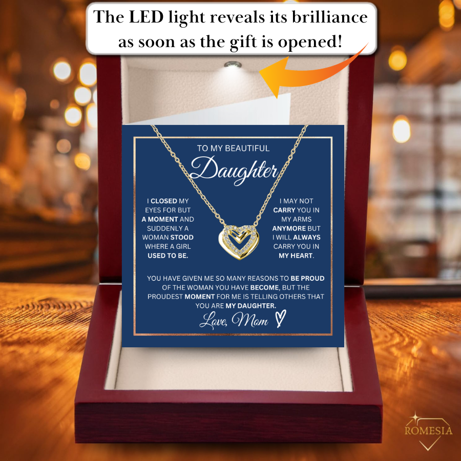 To My Daughter- Double Hearts Pendent w/Austrian Crystals-Proudest Moment