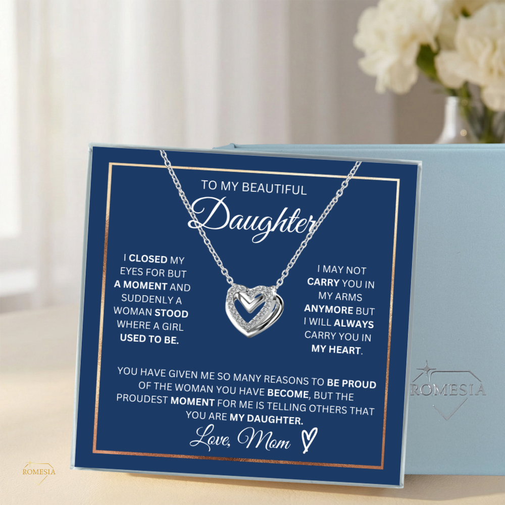 To My Daughter- Double Hearts Pendent w/Austrian Crystals-Proudest Moment