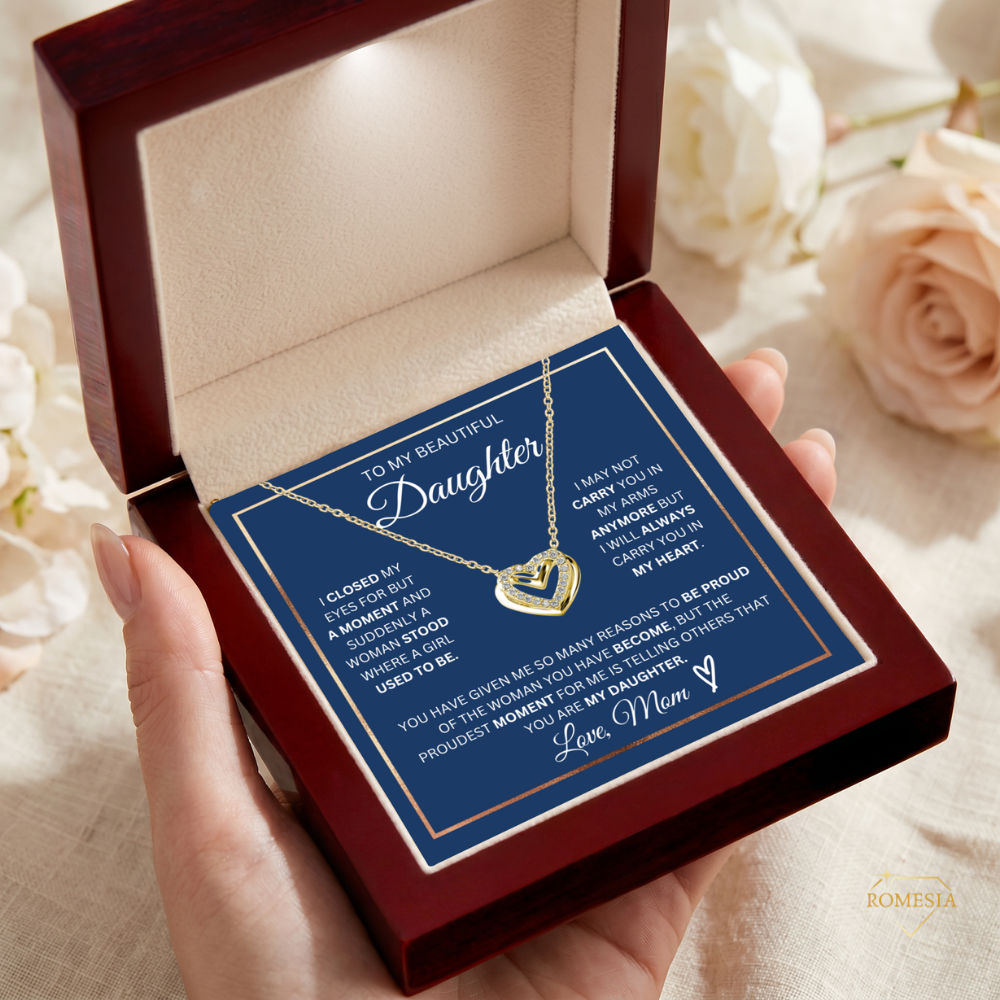 To My Daughter- Double Hearts Pendent w/Austrian Crystals-Proudest Moment