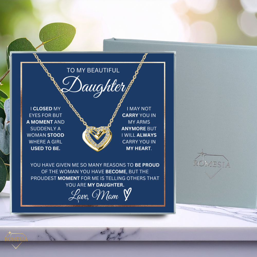 To My Daughter- Double Hearts Pendent w/Austrian Crystals-Proudest Moment