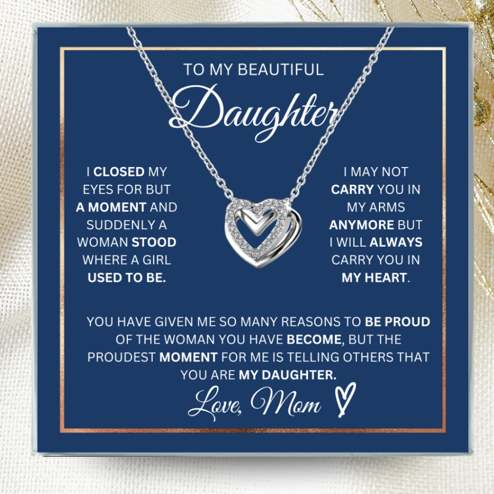 To My Daughter- Double Hearts Pendent w/Austrian Crystals-Proudest Moment