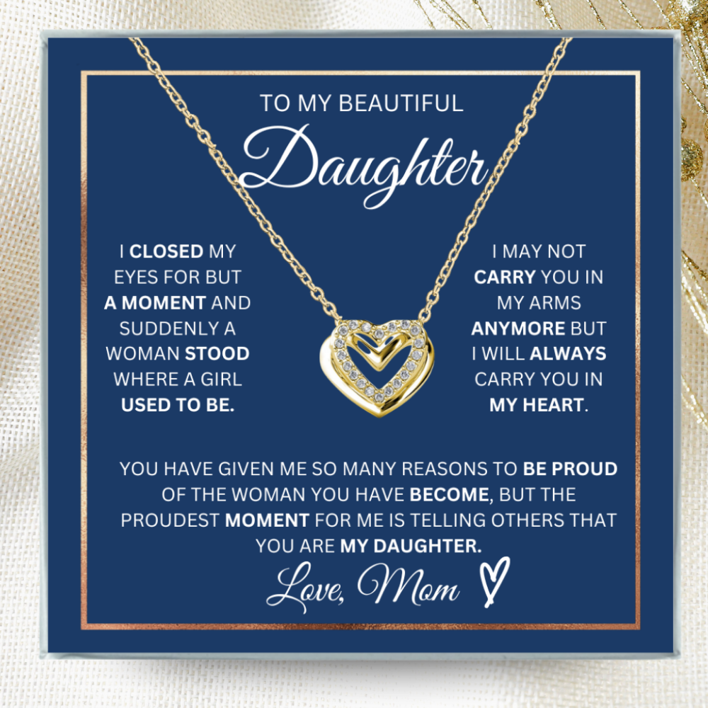 To My Daughter- Double Hearts Pendent w/Austrian Crystals-Proudest Moment
