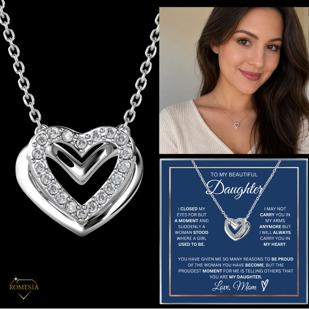 To My Daughter- Double Hearts Pendent w/Austrian Crystals-Proudest Moment