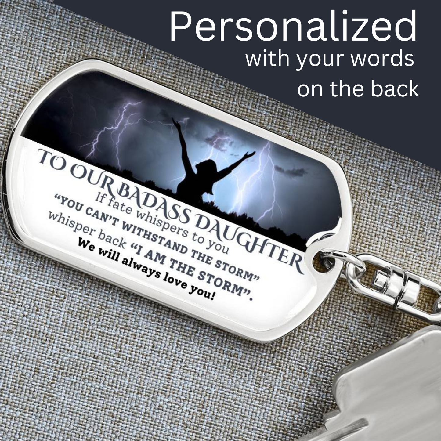 [Personalize] To Our Badass Daughter Graphic Dog Tag Swivel Keychain